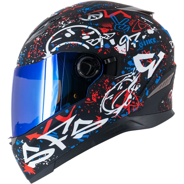 Motorradhelm Sting Graffiti Weiß Sonnenblende + Verspiegeltes Visier